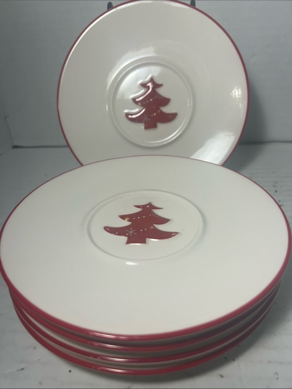 Holiday Red Tree Dessert Plates - White with Red Trim set of 5